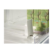 Warenschieber mit Feder, L 28,5–48,5 cm, 6 kg Druckkraft. Weißer Kunststoff.