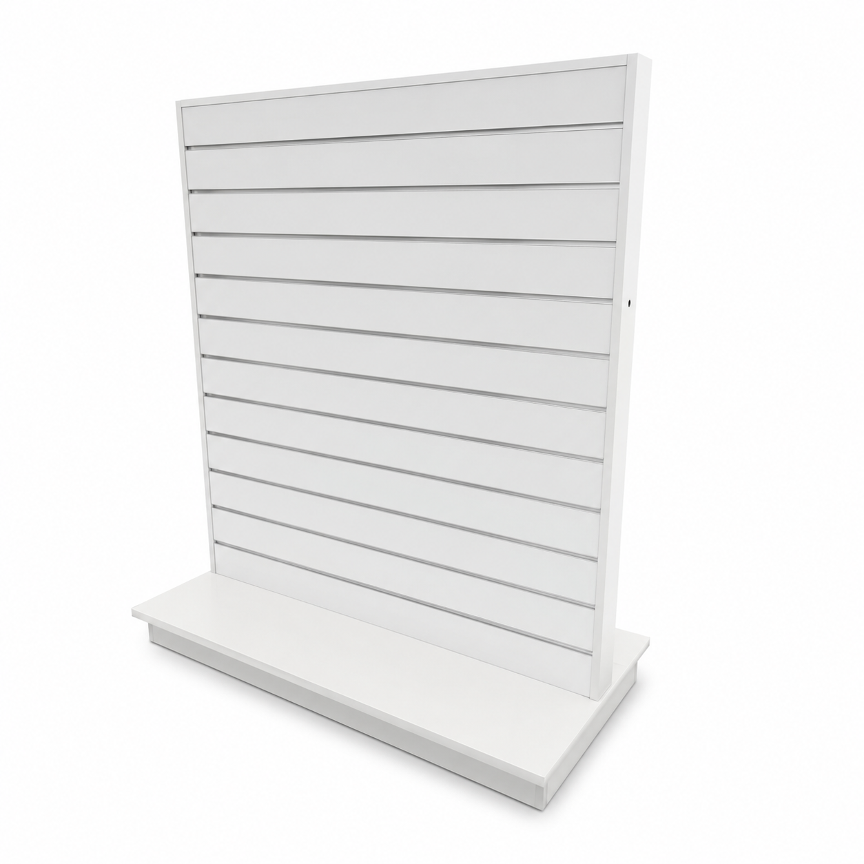 Gondel, beidseitig, weiß, B124 x T61 x H132 cm. Lamellenwand-Abstand 10 cm. Inkl. Rollen