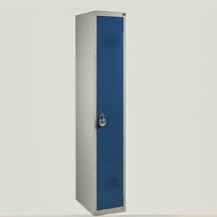 Metallkleiderschrank. Grau und blau. Mit Schloss, Einlegeboden und Kleiderstange. 30 x 50 x 180 cm (Höhe).