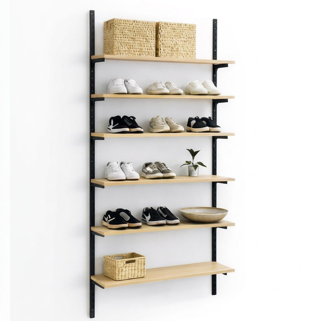 Wandset mit Framework-Schienen in Schwarz, Regalböden in Ahorn. Maße: ca. 94 x H244 cm. Wie abgebildet. Regalware, Schuhe, Vorratsraum, Prepper und Aufbewahrung