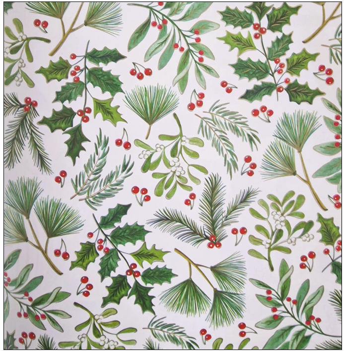 Weihnachtliches Geschenkpapier mit Stechpalmen und Tannenzweigen. B50 cm x 50 mtr.