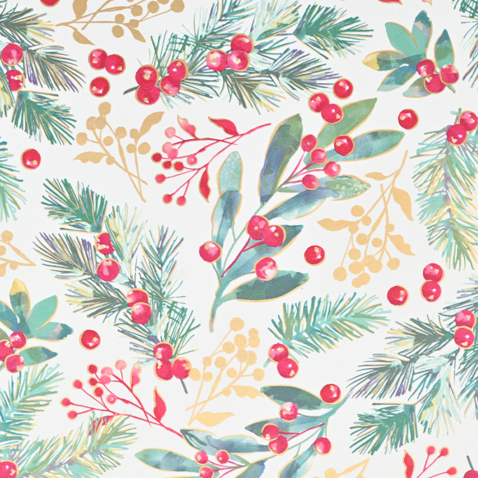 Weihnachtspapier, Stechpalme mit großen Beeren und goldenen Details. B 50 cm x 50 mtr *