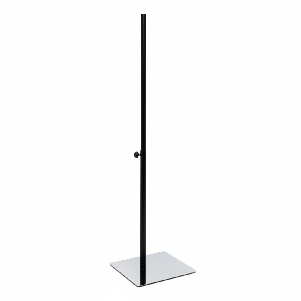 Fußplatte aus Metall 28,5 x 33 cm, chrom, mit teleskopischer Stange, H 70-116 cm, Ø 25 mm, schwarz.