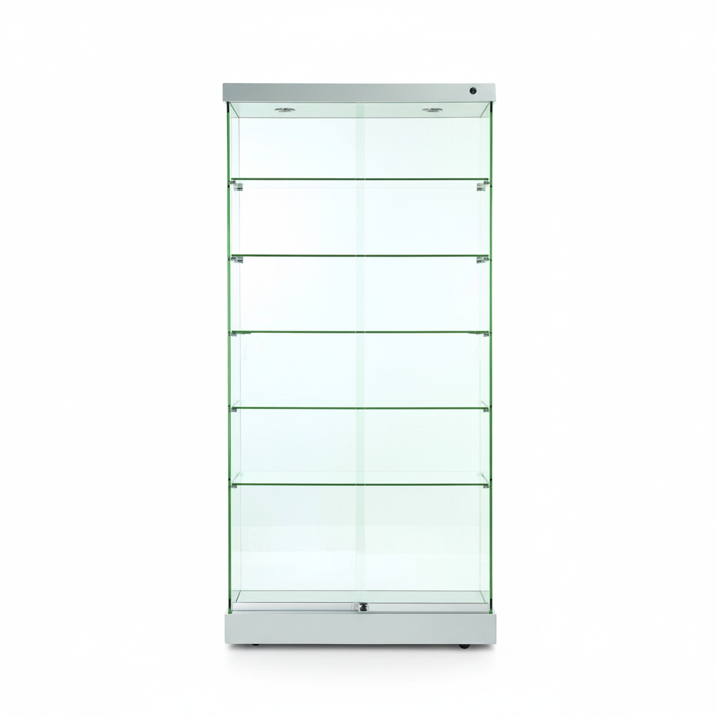 Vitrine - Toscana II, Bodenvitrine mit Beleuchtung, Alu-Top und -Boden, 90 x 46 x H184 cm.
