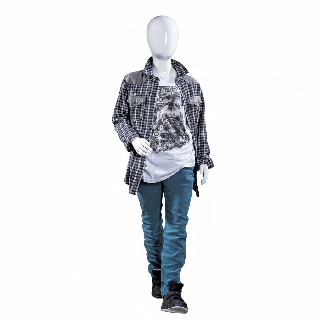 Kindermannequin, 6 Jahre, mit Kopf, weiß Hochglanz, mit Glasfußplatte, H125 cm