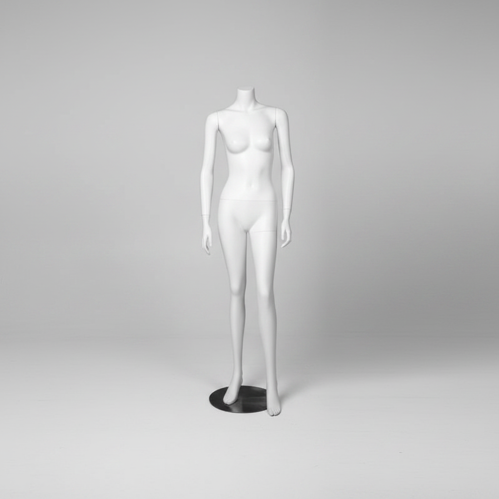 3000 weibliche Schaufensterpuppe. Weiß, ohne Kopf. Runder Metallsockel. Höhe 162 cm.
