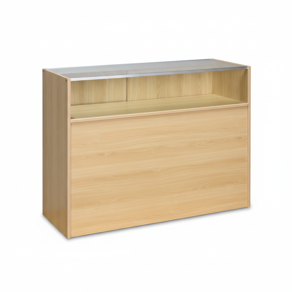 Schlanke Theke, Glasmodul, mit 1/4-Glasfront und Schiebetüren, Ahorn, B 122 × T 46 × H 96 cm