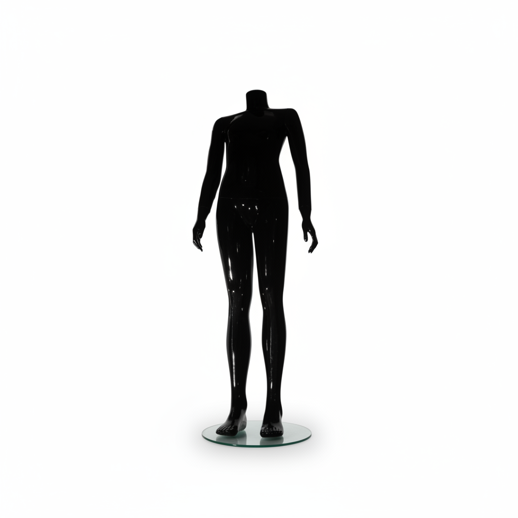 Schaufensterpuppe für Kinder (Familiengröße). Schwarz, hochglänzend. 12–14 Jahre. Höhe: 140 cm. Runder Glasfuß.
