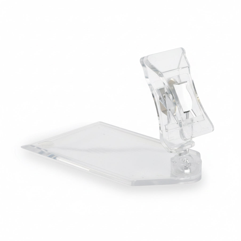 Flat-base lav skilteholder med smal klemme i klar akryl