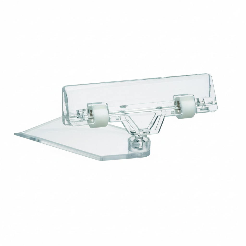 Flat-base lav skilteholder med bred klemme i klar akryl