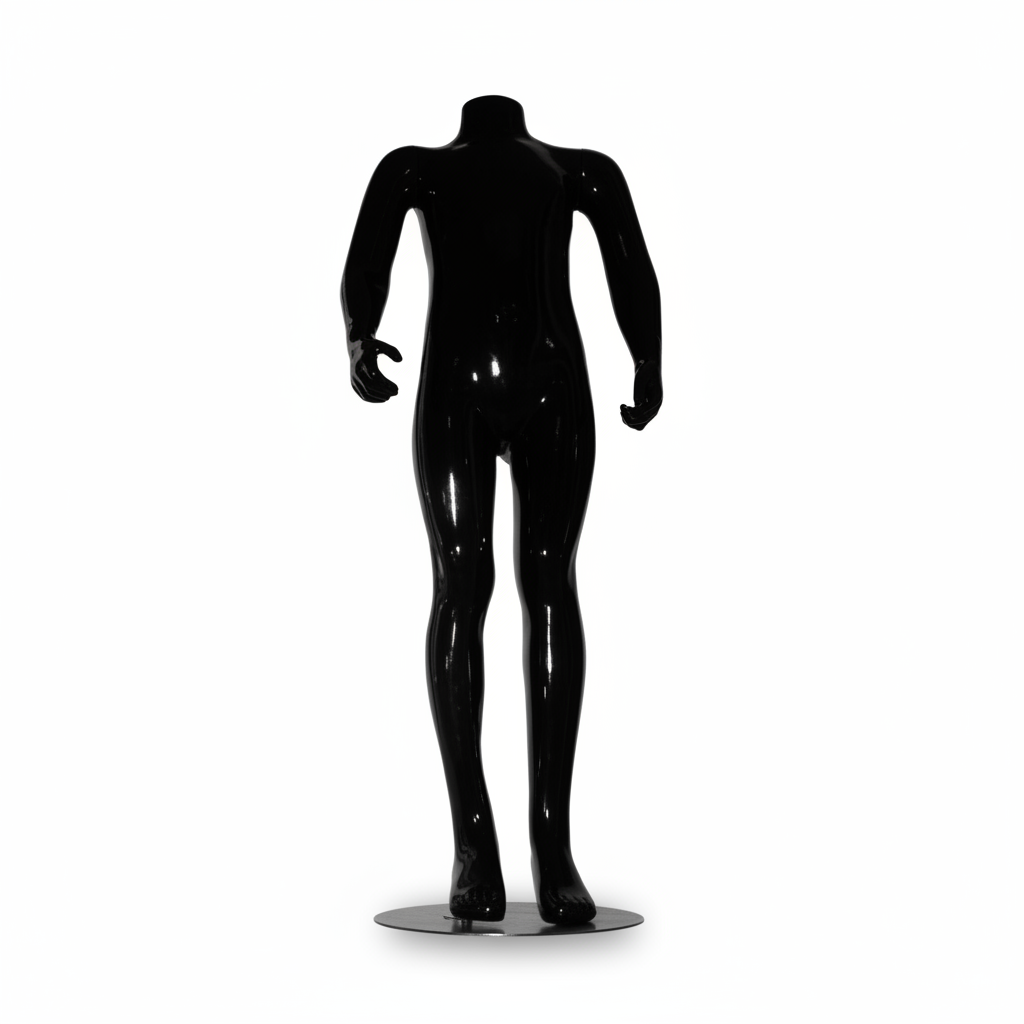 Schaufensterpuppe für Kinder (8–10 Jahre). Schwarzer Hochglanz, ohne Kopf. Höhe: 114 cm. Runder Glasfuß.