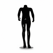 Schaufensterpuppe für Kinder (8–10 Jahre). Schwarzer Hochglanz, ohne Kopf. Höhe: 114 cm. Runder Glasfuß.