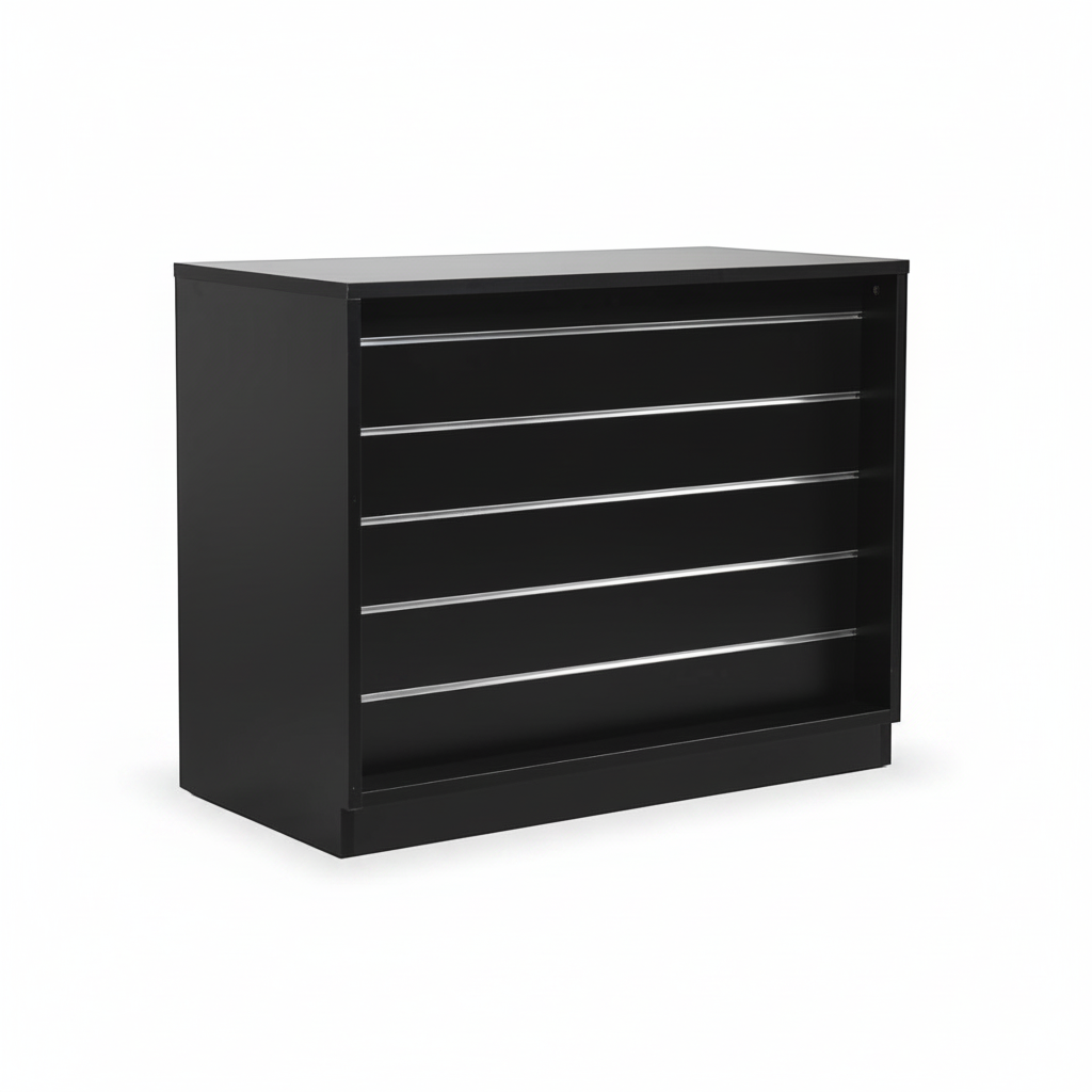 MADS Ladentheke breit, schwarz. B 120 - Lamellenwand Front