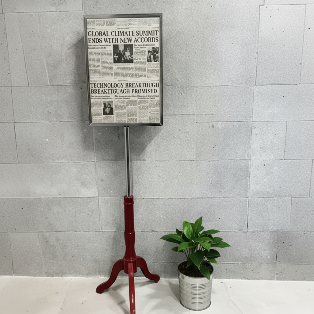 Französischer Schilderständer, Mahagoni, A4-Rahmen in Chrom.