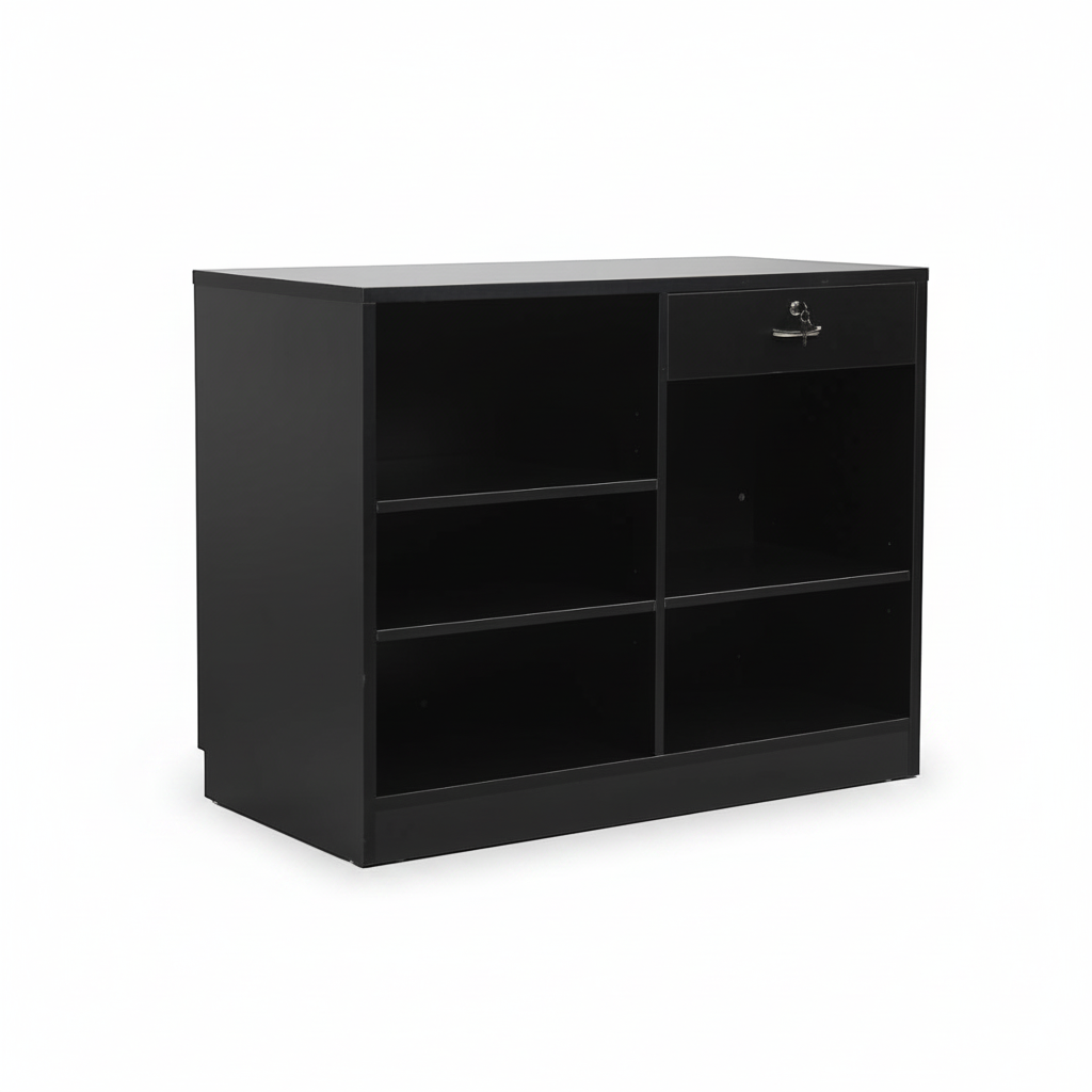 MADS Ladentheke breit, schwarz. B 120 - Lamellenwand Front