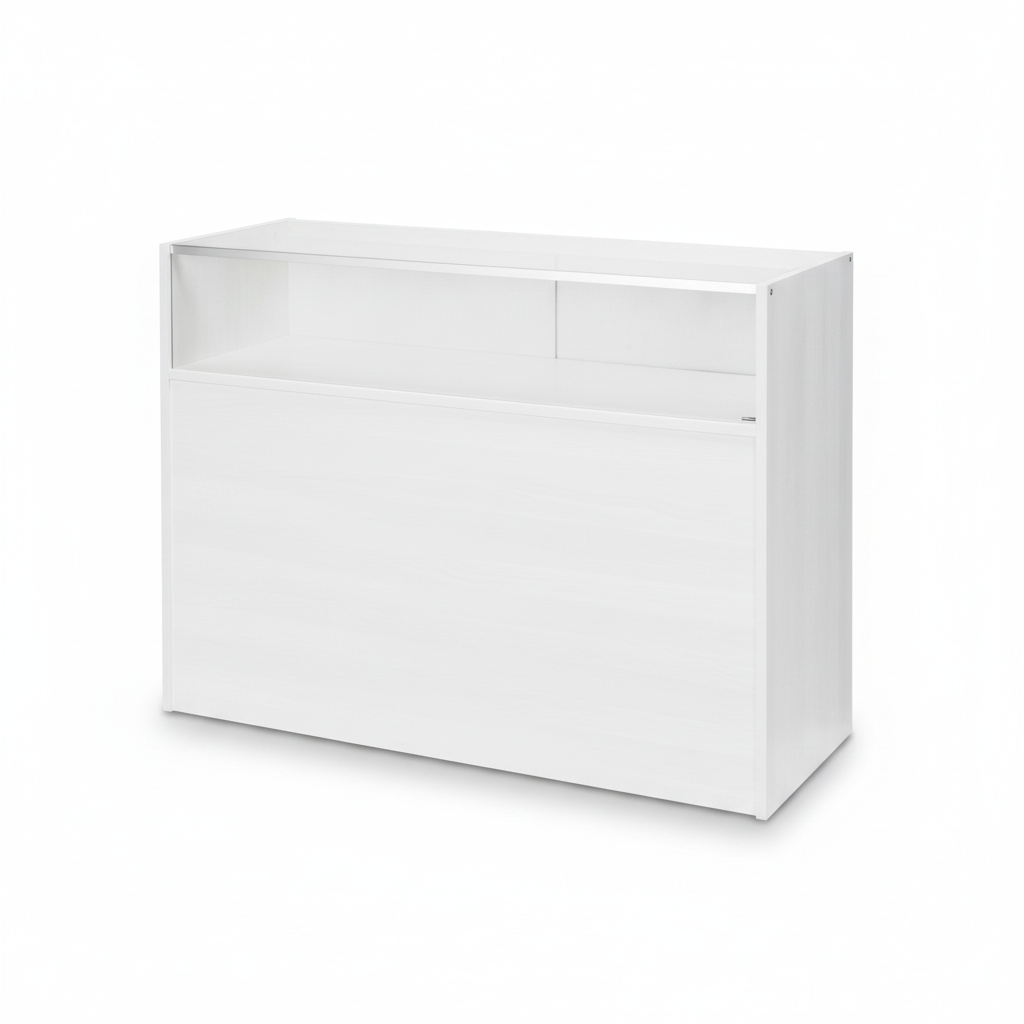 Schlanke Theke, Glasmodul, mit 1/4-Glasfront und Schiebetüren, weiß, B 122 × T 46 × H 96 cm