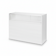 Schlanke Theke, Glasmodul, mit 1/4-Glasfront und Schiebetüren, weiß, B 122 × T 46 × H 96 cm