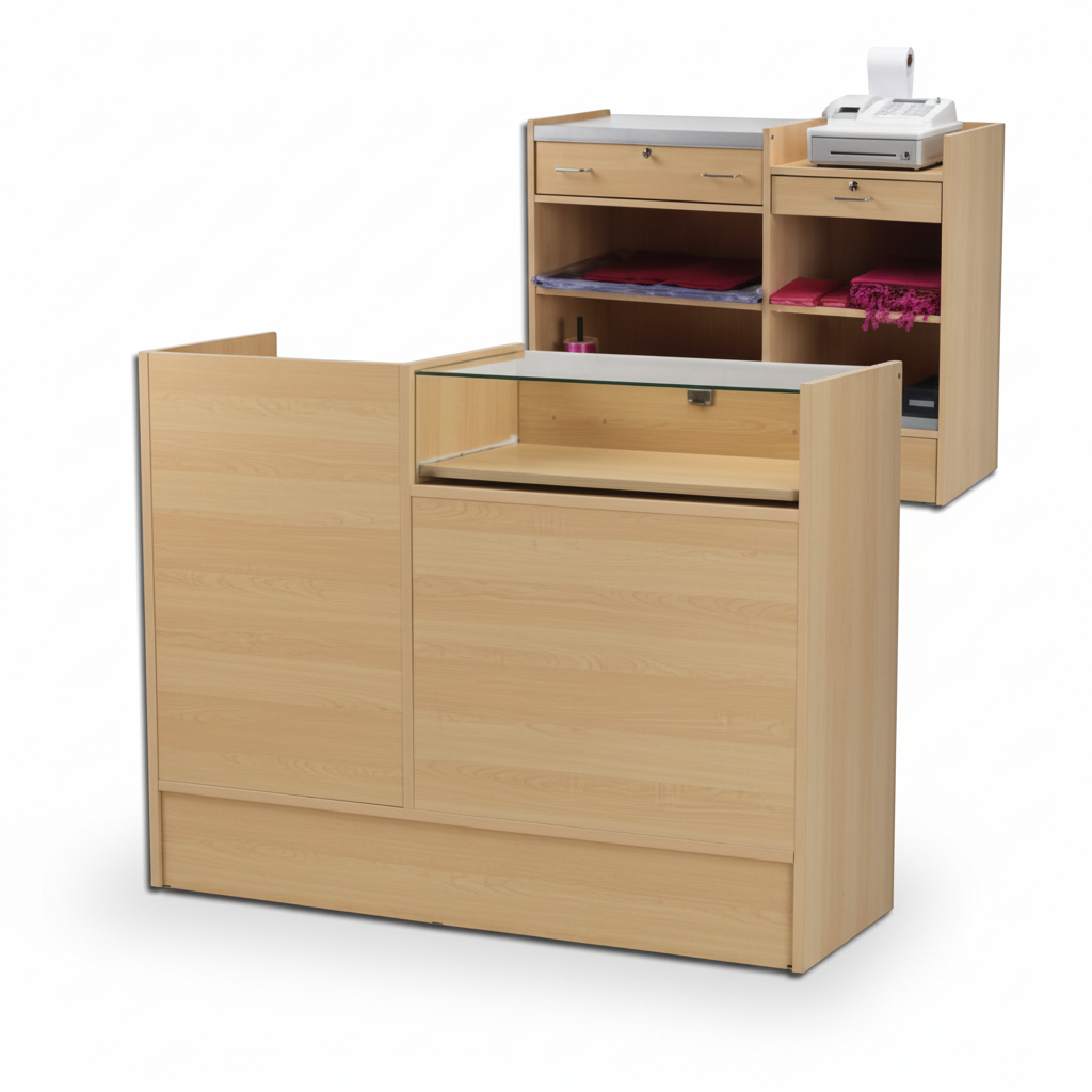 Schmale Theke, Kombinationsmodul mit Glasplatte, inklusive 1 Auszugstablett, kleiner Schublade und 2 Fächern mit je 1 Einlegeboden, Ahorn, H 96 x B 120 x T 46 cm