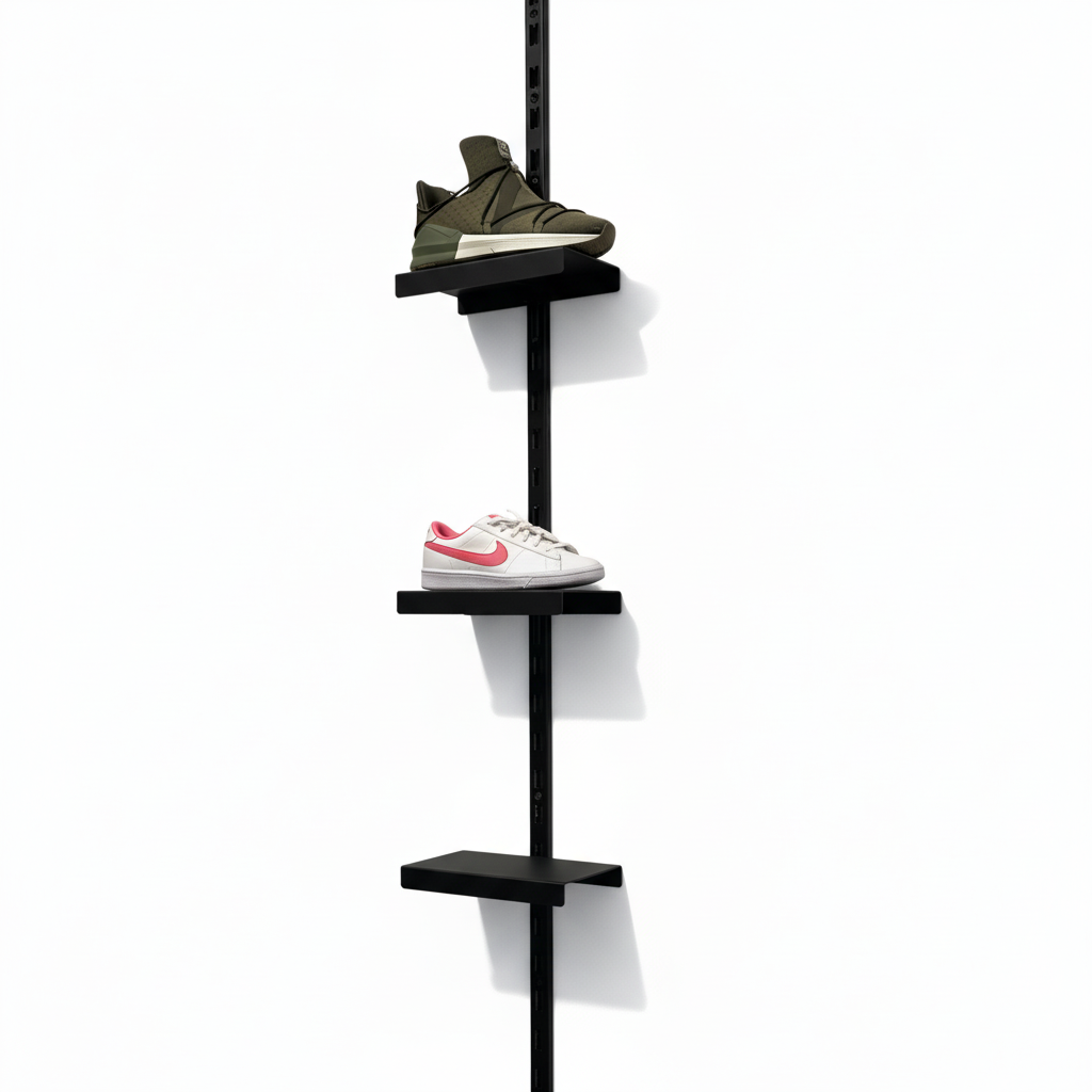 Schuhdisplay – Wandschiene in schwarz, H 240 cm mit 5 Schuhablagen