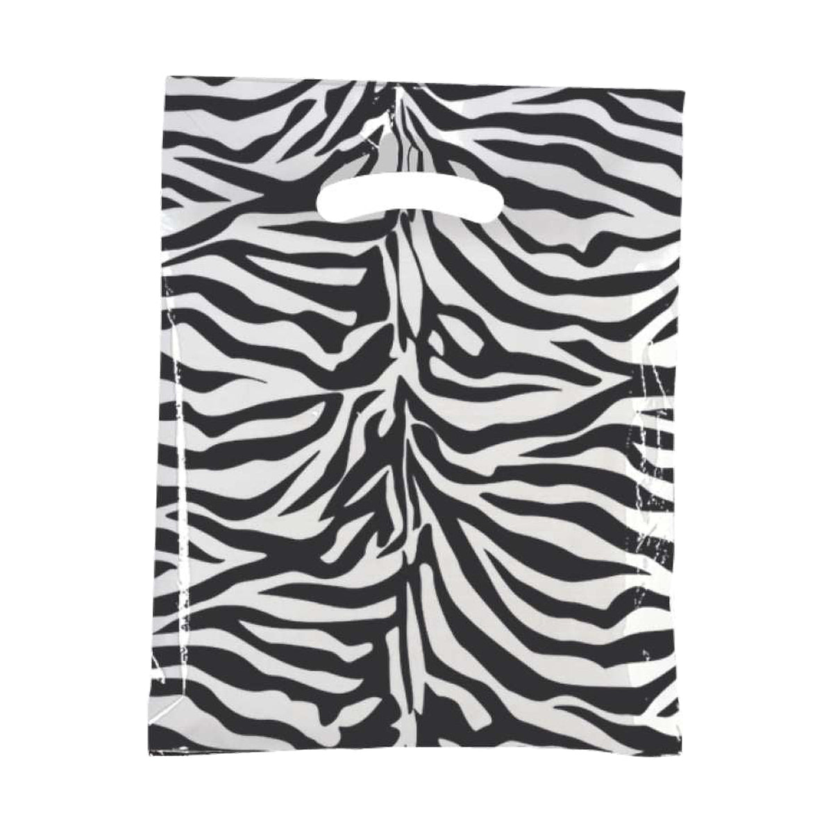 Plastpose, med zebramønster, pk. med 100 stk., 50 micron, B 39 x D/BF 8 x H 45 cm., forstærkede håndtag