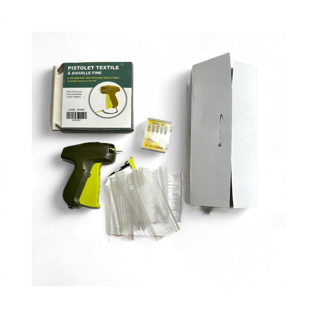 Textilpistole oben, Qualität, fein. Set inkl. 5 extra Nadeln und 1 Packung Pins (5.000)