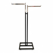 SuperSellerS adjustable black floor clothing rack with two straight chrome arms for displaying garments and bags