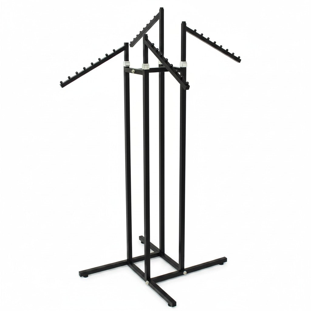 SuperSellerS black height-adjustable clothing display stand with four slanted arms and ball stops for hangers