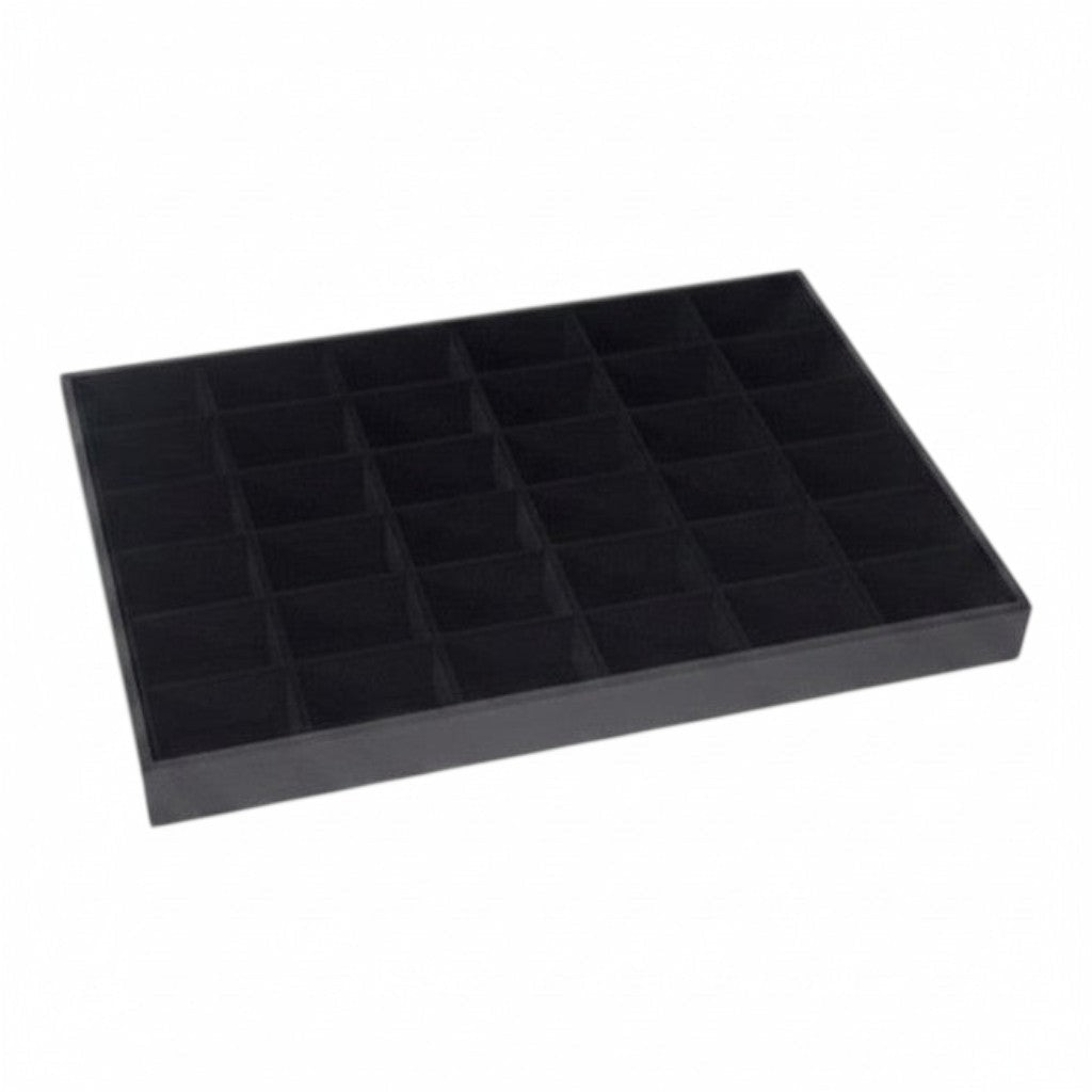 SuperSellerS black flocked jewelry display tray with 36 individual compartments for organized storage