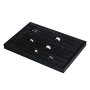 SuperSellerS black flocked ring display tray with 7 rows for organizing jewelry, measuring 14x23x3 cm.