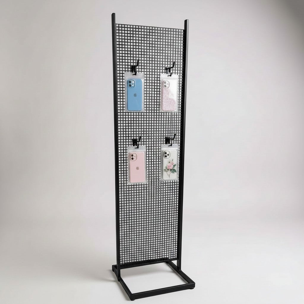 SuperSellerS black metal pegboard floor display stand with four hooks for retail product presentation