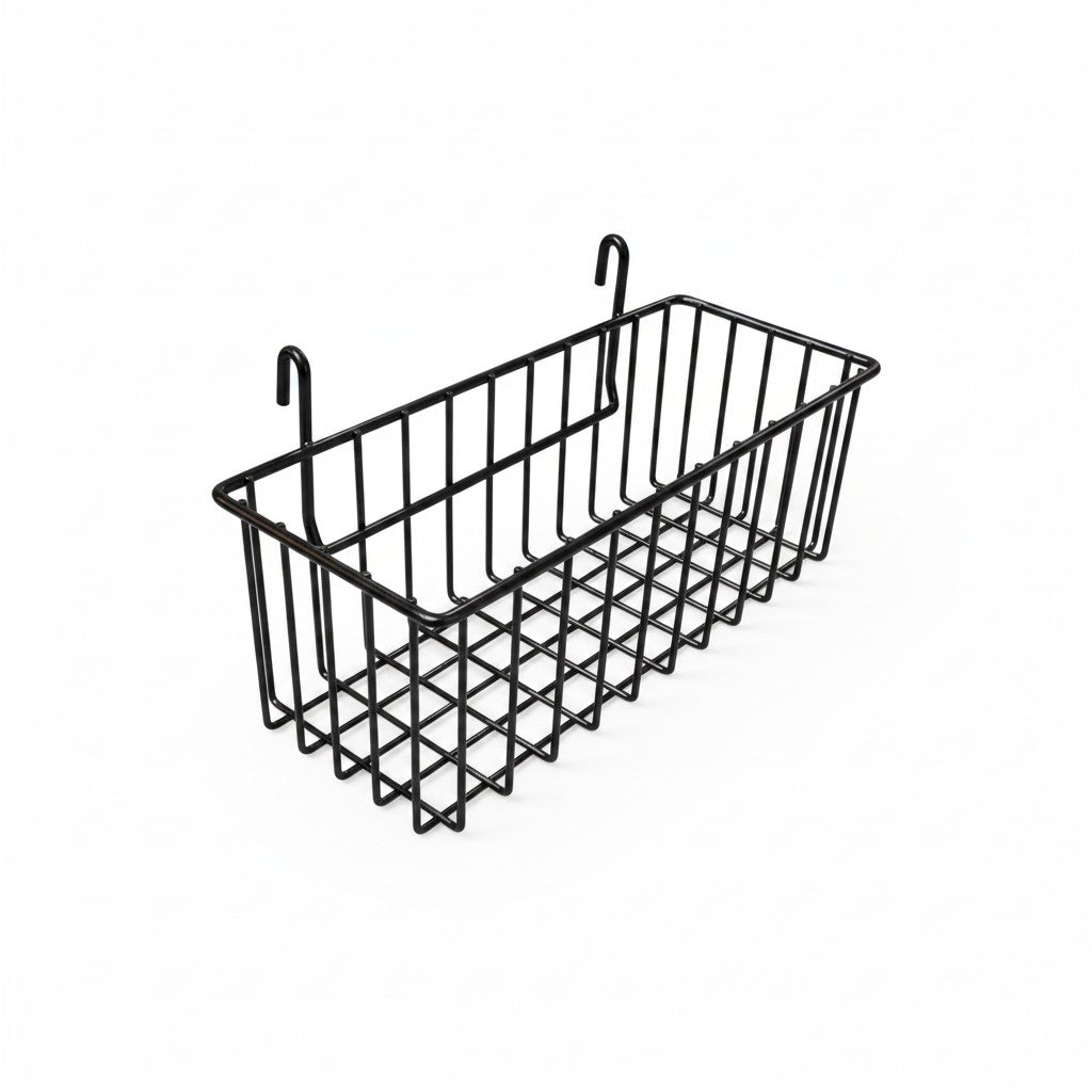 SuperSellerS black metal wire basket for grid walls and TUBO shelving units, 36x12x17 cm for retail organization.
