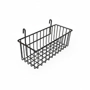 SuperSellerS black metal wire basket for grid walls and TUBO shelving units, 36x12x17 cm for retail organization.