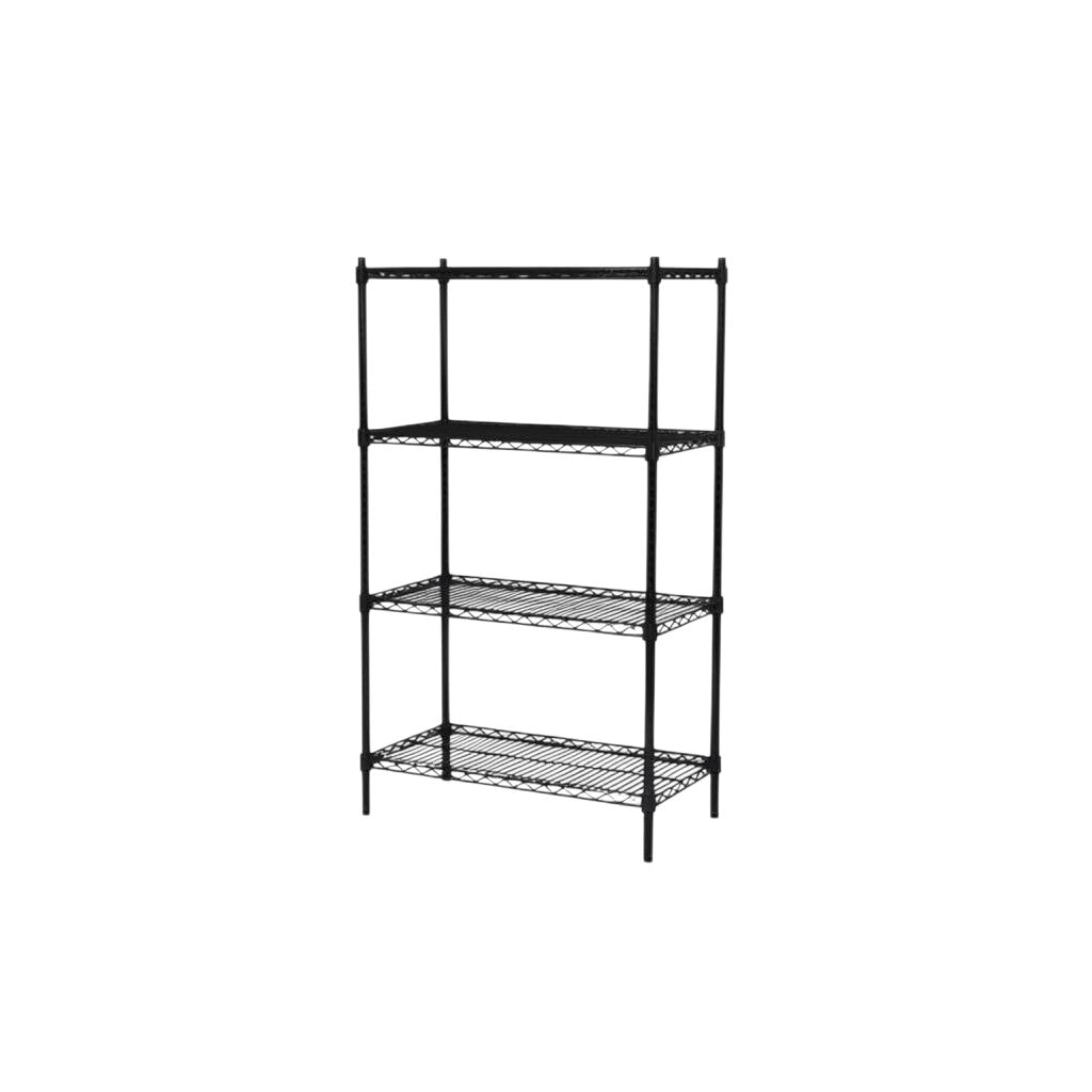 SuperSellerS black wire shelving unit with four tiers, measuring 91x46x160 cm for industrial storage.