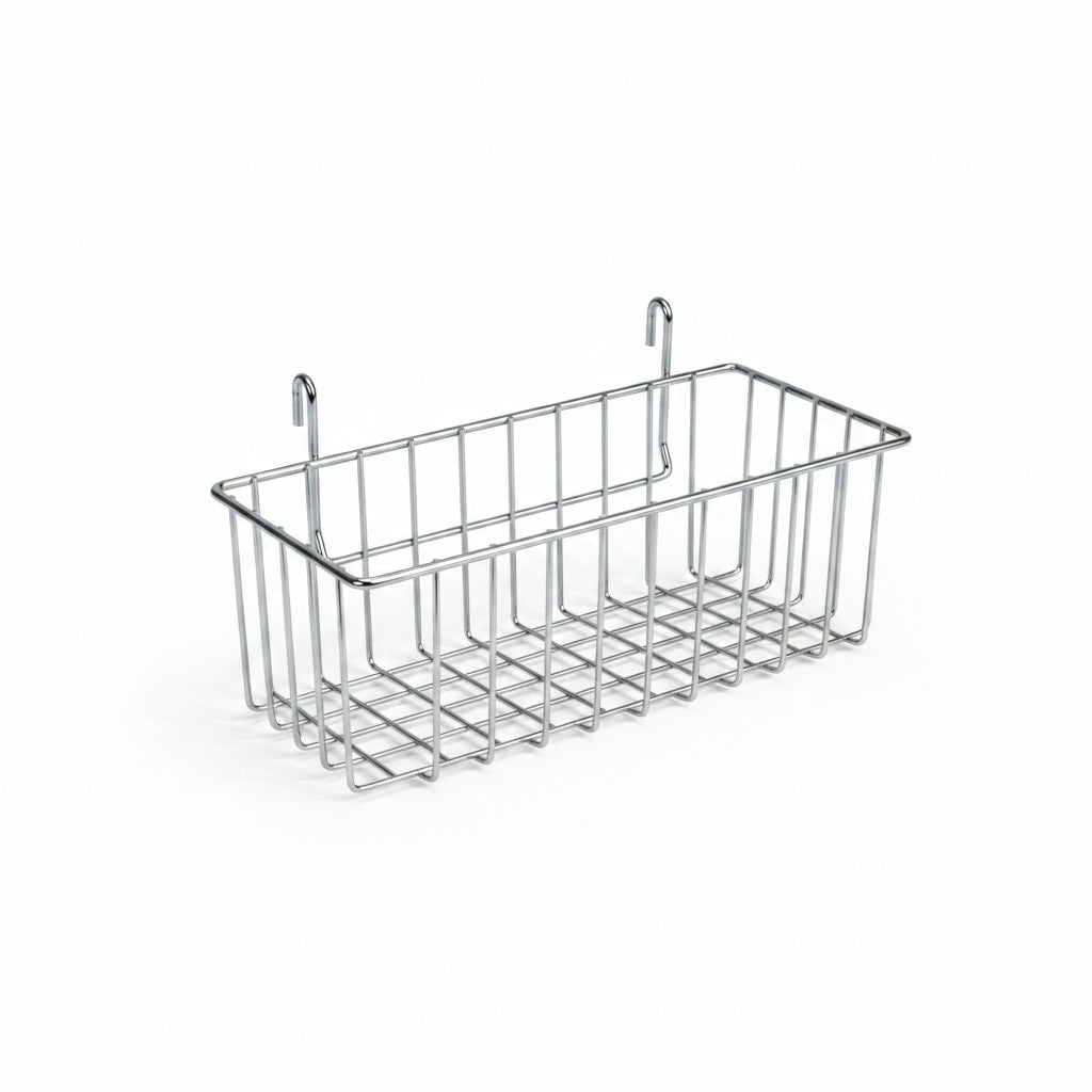 SuperSellerS chrome metal wire basket for grid and TUBO shelving systems, 36x12x17 cm for retail display.
