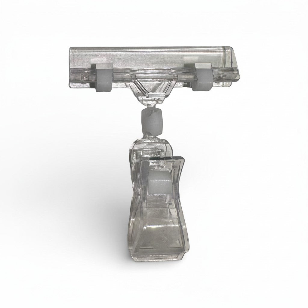 SuperSellerS Clear Grip sign holder in transparent acrylic with a wide 8cm clamp for retail shelf displays