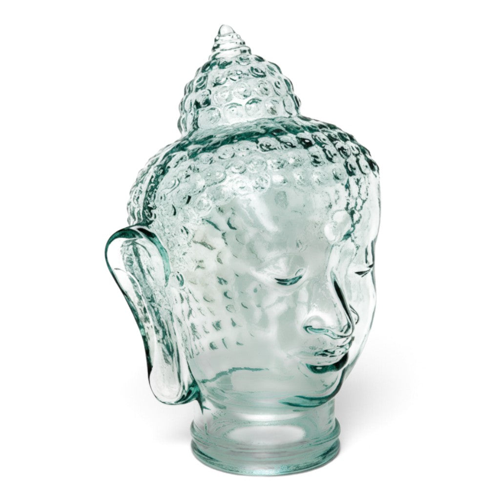 SuperSellerS clear glass Buddha head sculpture for mindfulness decor, 30 cm tall with detailed textured hair