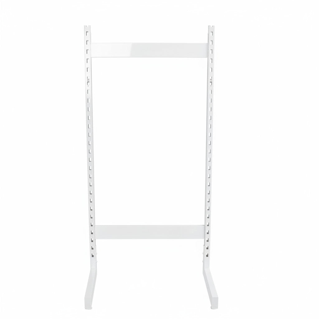 SuperSellerS white Framework L-gondola retail display stand for store product presentation, 147.5 cm tall.