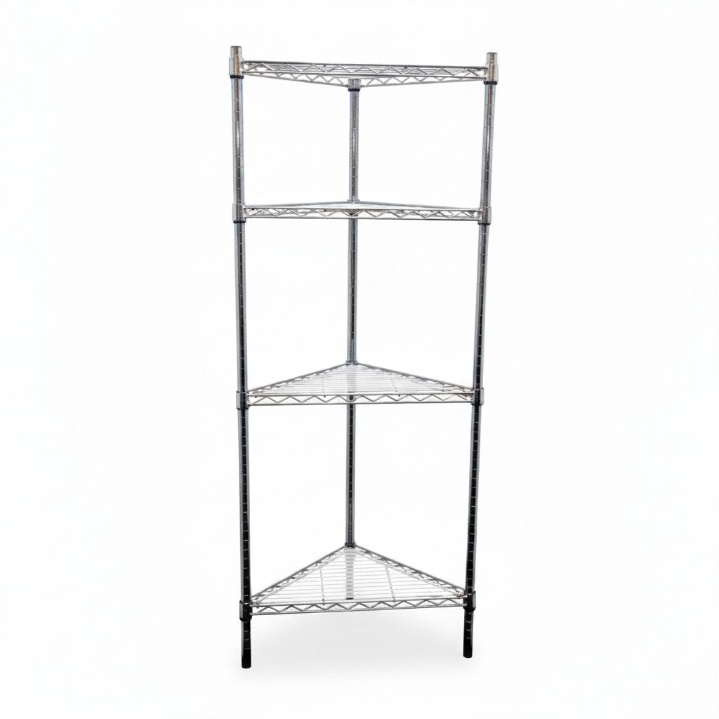 SuperSellerS triangular wire corner shelving unit with three chrome shelves for retail or home storage