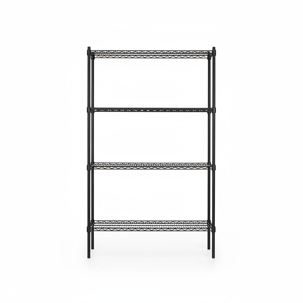 SuperSellerS TUBO tall black metal wire shelving unit with four tiers against a white background