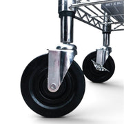 SuperSellerS Tubo heavy-duty 125mm black rubber swivel casters attached to a chrome wire shelving unit