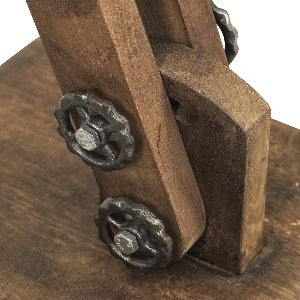 SuperSellerS vintage floor lamp detail featuring dark wood frame and adjustable metal handwheel locking mechanism
