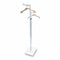 SuperSellerS white height-adjustable floor clothing rack with two straight arms and wooden hangers on a white base
