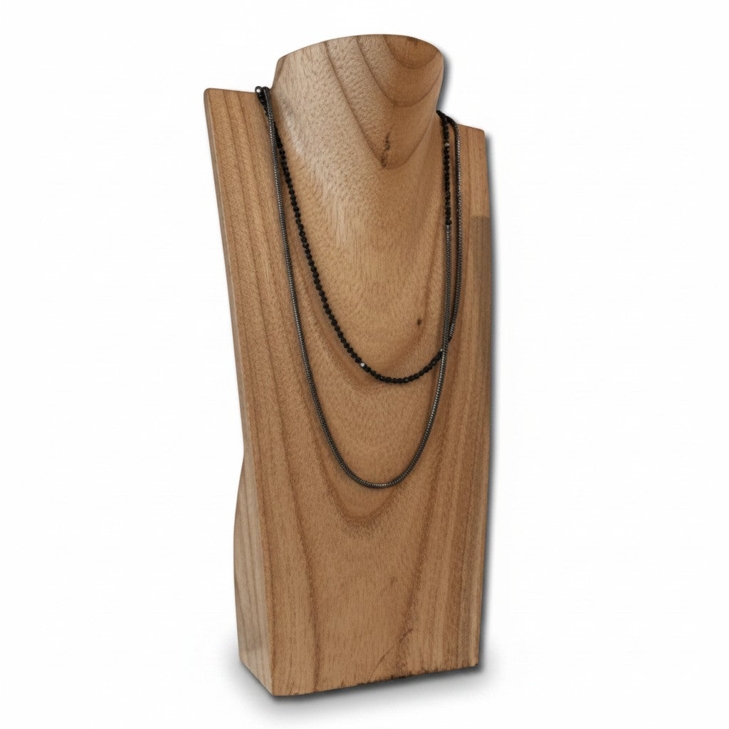 SuperSellerS wooden necklace display bust in natural wood finish, 30 cm tall, showcasing layered black necklaces.