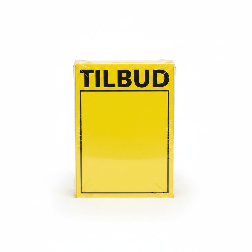 SuperSellerS pack of 25 yellow A3 cardboard sale signs with black Tilbud text for retail store promotions