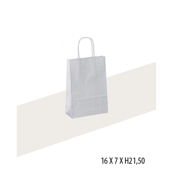 Papirpose, af kraftpapir, med snoet håndtag, Hvid, pk. med 50 stk., 16,5 x 7 x H23 cm